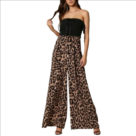 Edite Mode Pants - Blithe Edite Mode Strapless Black Corset Animal Print Wide Leg, Size Medium